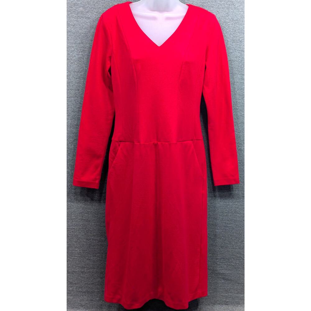 TALBOTS Dress - Red, Bodycon, Long Sleeve, Zip Back, Midi, Stretchy, Pockets, 4